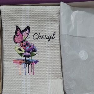Embroidered. Dish Towel.With butterfly on A dripping Rose very colorful Nnt.and